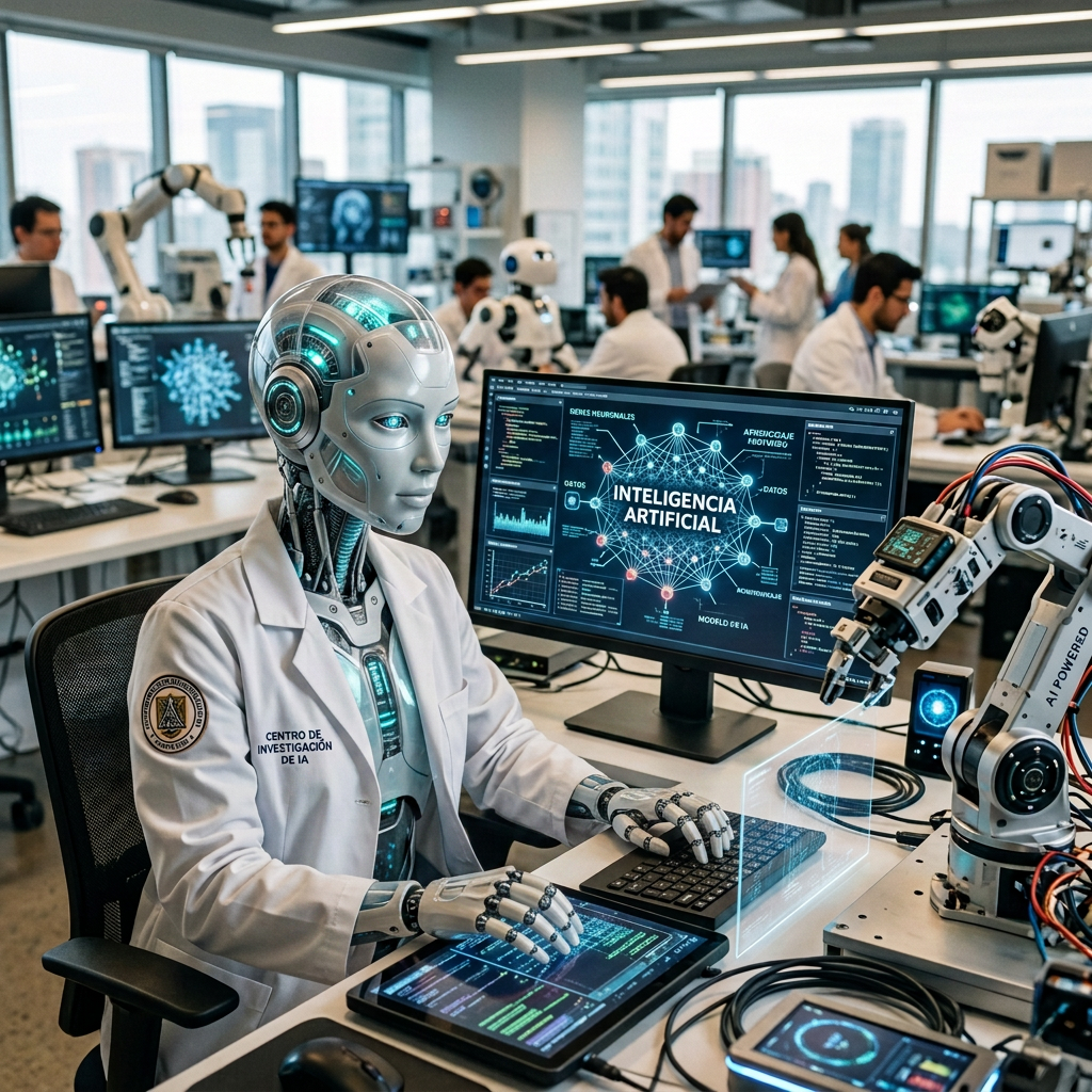 Researcher using AI workstation beside robotic arm; monitor reads “INTELIGENCIA ARTIFICIAL.”